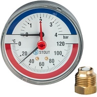 Термоманометр радиальный в комплекте с автоматическим запорным клапаном Корпус Ø 80 мм 0...4 бар, 0…